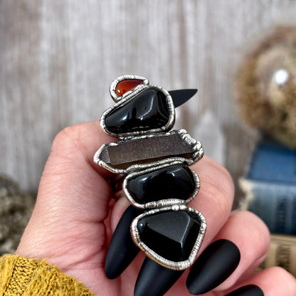 Multi Stone Obsidian Smoky Quartz Carnelian Ring In Silver Size 8 / Foxlark Collection