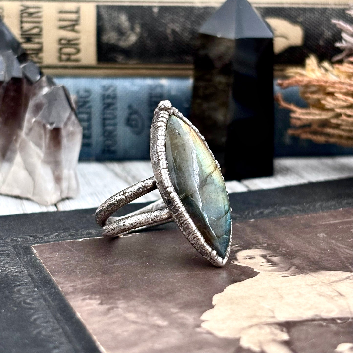 Blue Green Orange Labradorite Ring Silver Size 9.5 / Foxlark Crystal Jewelry Collection