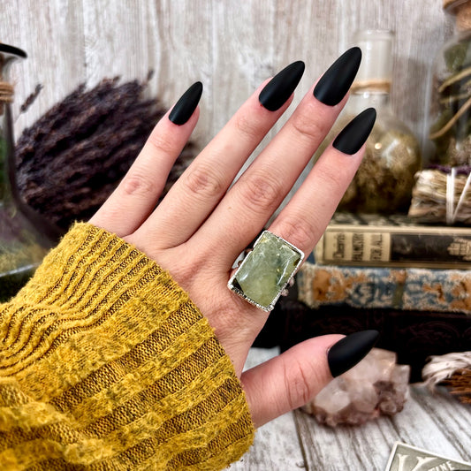 Green Prehnite Ring Fine Silver Stone Ring Size 7.5 / Foxlark Collection- One of a Kind