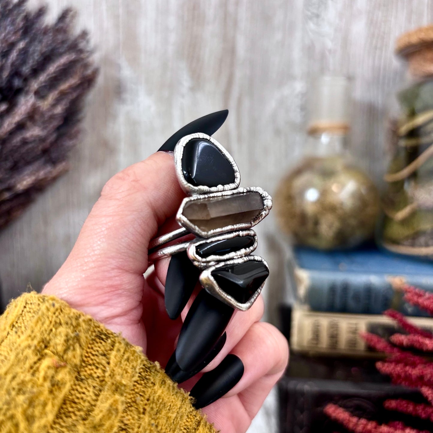 Multi Stone Black Obsidian Smoky Quartz Ring In Silver Size 10 / Foxlark Collection