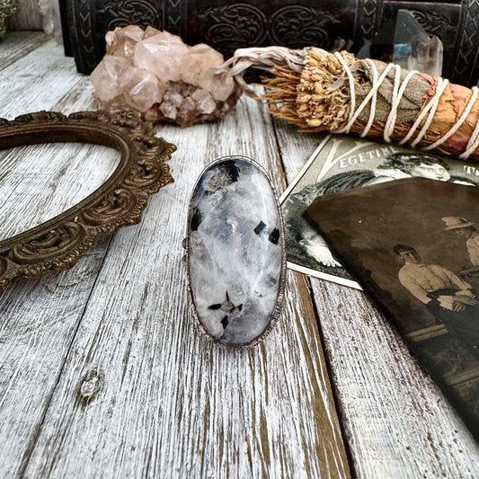 Rainbow Moonstone with Black Tourmaline Ring Silver Size 9 / Foxlark Collection