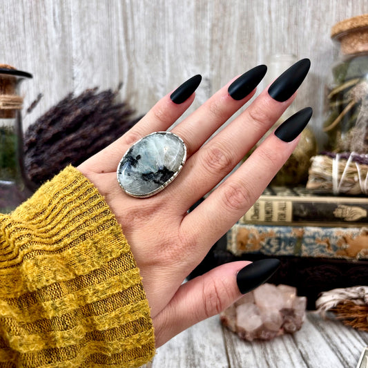 Rainbow Moonstone with Black Tourmaline Ring Silver Size 6 / Foxlark Collection