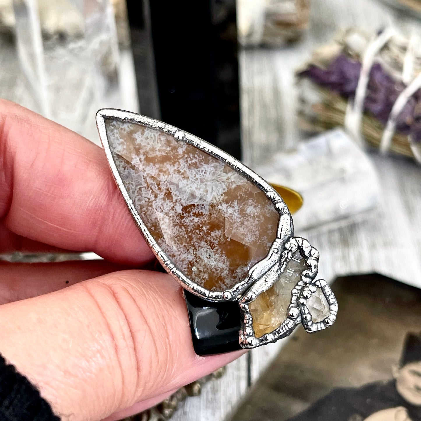 Size 8.5 Crystal Ring - Three Stone Fancy Moss Agate Citrine Herkimer Silver Ring / Foxlark Collection - One of a Kind