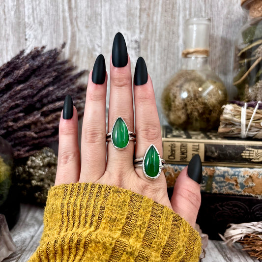 Teardrop Green Agate Ring Fine Silver Size 6 7 8 9/ Foxlark Collection