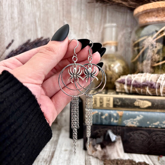 Silver Spider Earrings Stainless Steel Hoop and Fringe / Long Dangle Punk Earrings