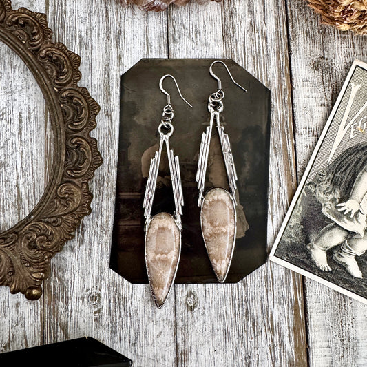 Fossilized Coral Fine Silver Crystal Earrings / Long Dangle Witchy Earrings