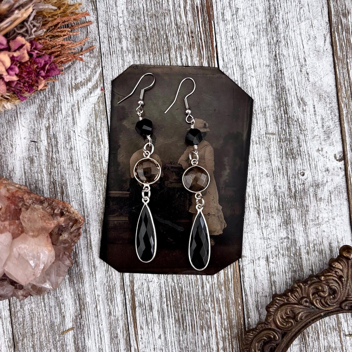 Smoky Quartz Black Onyx Sterling Silver Dangle Earrings  / Long Dangly Bohemian Earrings