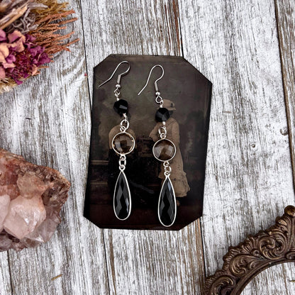 Smoky Quartz Black Onyx Sterling Silver Dangle Earrings  / Long Dangly Bohemian Earrings