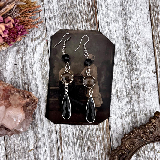Smoky Quartz Black Onyx Sterling Silver Dangle Earrings  / Long Dangly Bohemian Earrings