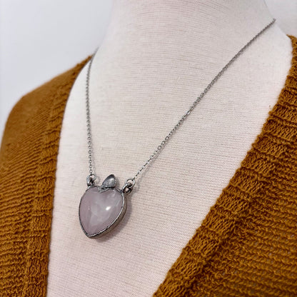 Rose Quartz Crystal Heart Clear Quartz Teardrop Statement Necklace in Fine Silver / Foxlark Collection - One of a Kind