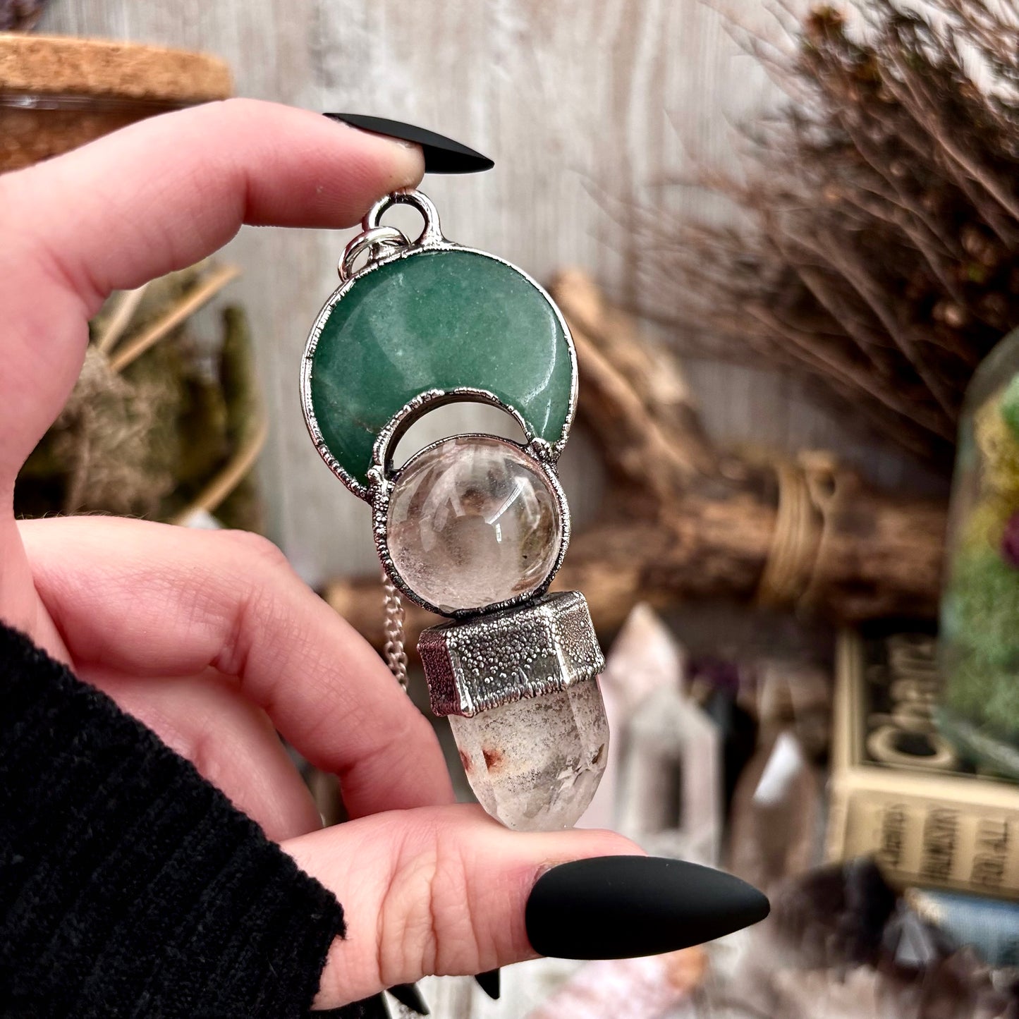 Green Aventurine Moon, Clear Quartz Crystal ball, Garden Quartz Necklace in Fine Silver / Foxlark Collection - One of a Kind