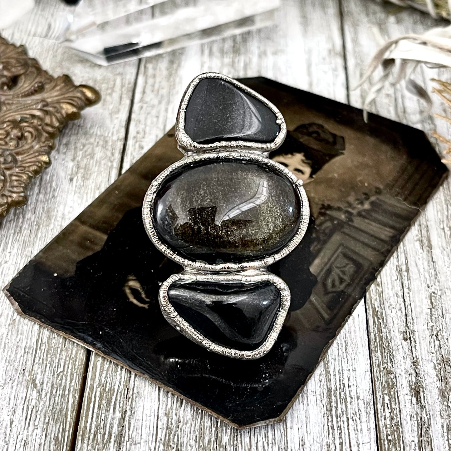 Size 10 Crystal Ring - Three Stone Ring Black Onyx & Silver Sheen Obsidian Silver Ring / Foxlark Collection - One of a Kind