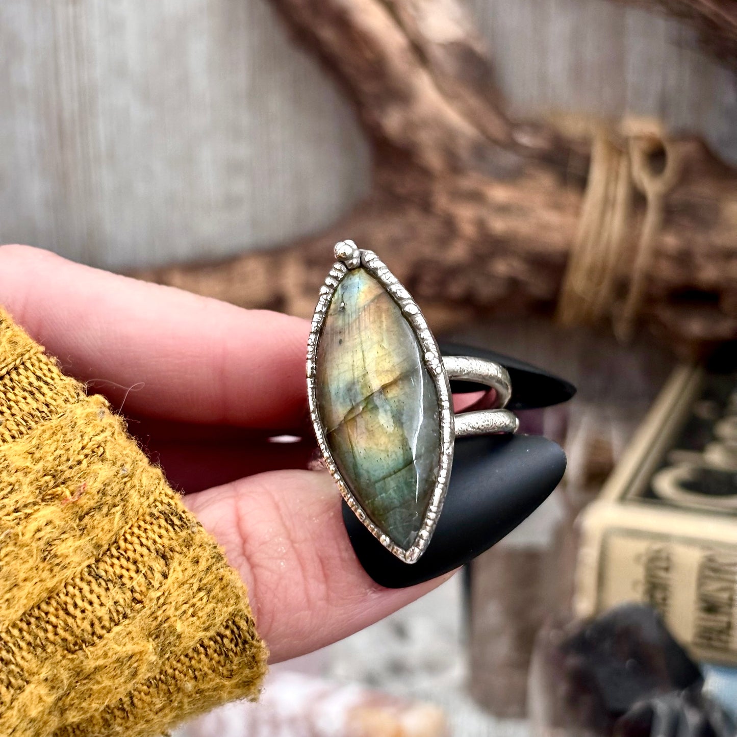 Blue Green Orange Labradorite Ring Silver Size 9.5 / Foxlark Crystal Jewelry Collection