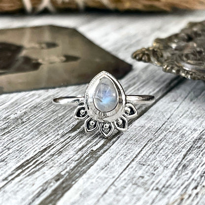 Dainty Teardrop Rainbow Moonstone Ring Set in Sterling Silver / Curated by FOXLARK Collection