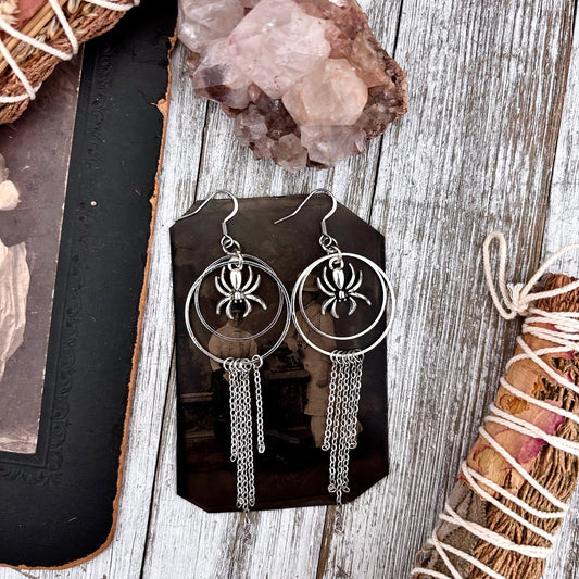 Silver Spider Earrings Stainless Steel Hoop and Fringe / Long Dangle Punk Earrings