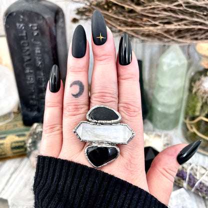 Size 8 Crystal Ring - Three Stone Ring Black Onyx Clear Quartz Ring Silver / Foxlark Collection - One of a Kind