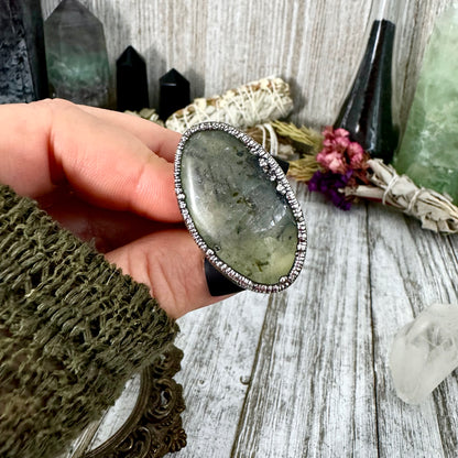 Large Green Prehnite Ring Silver Size 7 8 9 / Foxlark Collection