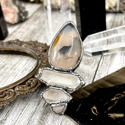 Size 6.5 Crystal Ring - Three Stone Ring Dendritic Agate Clear Quartz Silver Ring / Foxlark Collection - One of a Kind Jewelry