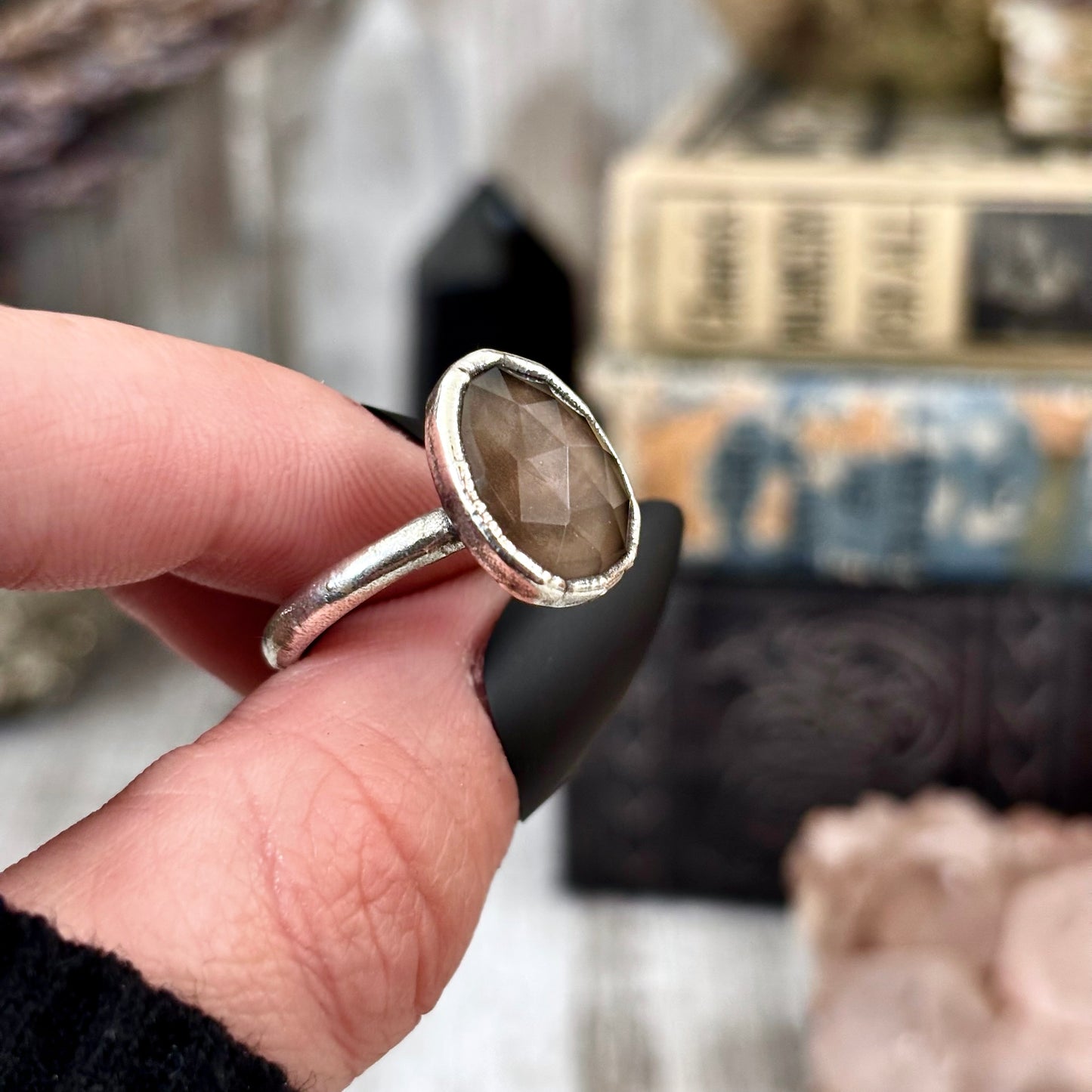 Smoky Quartz Ring Fine Silver Small faceted Stone Ring Size 5 6 7 8 9 10 11 / Foxlark Collection
