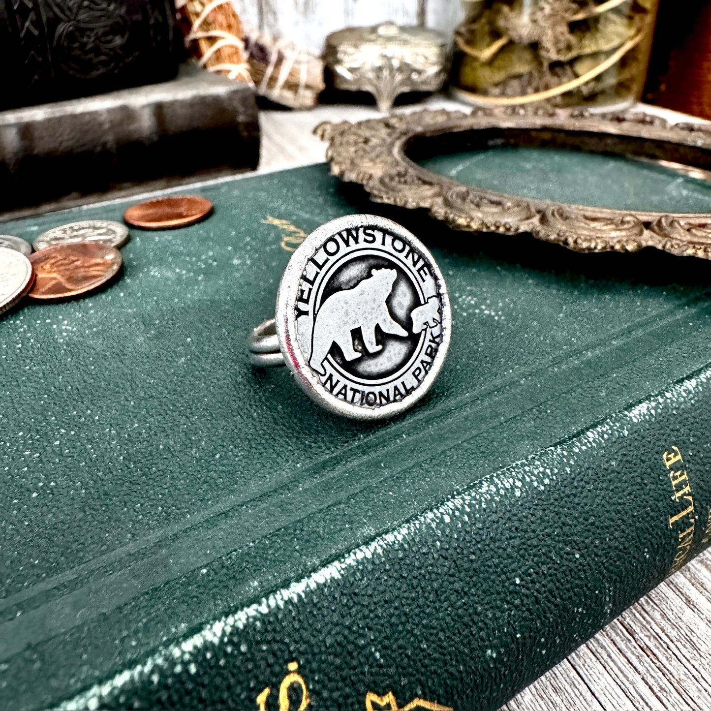 Lucky Penny Club - Vintage Collectible Yellowstone National Park Bear Token Ring Fine Silver Size 7 / One of a Kind