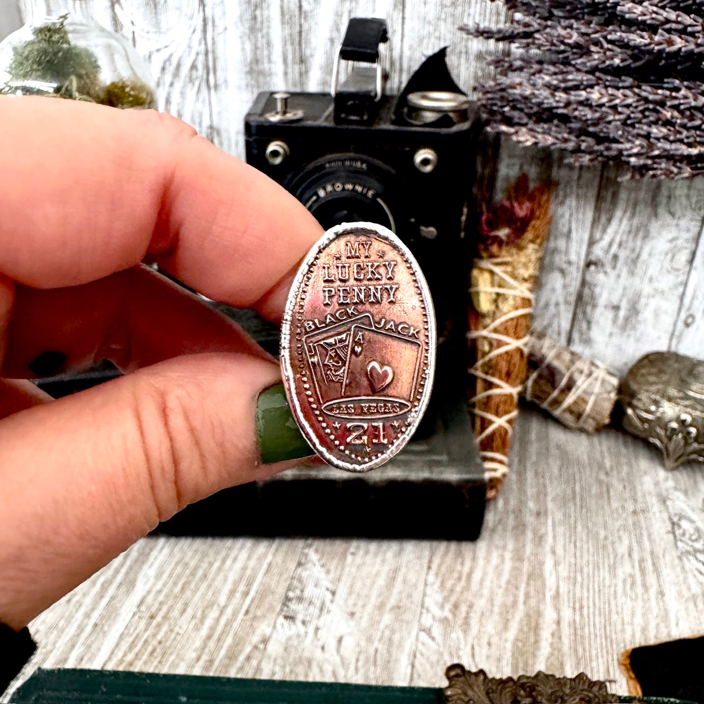 Lucky Penny Club -Vintage Las Vegas Pressed Penny Ring Fine Silver Size 7.5 / One of a Kind