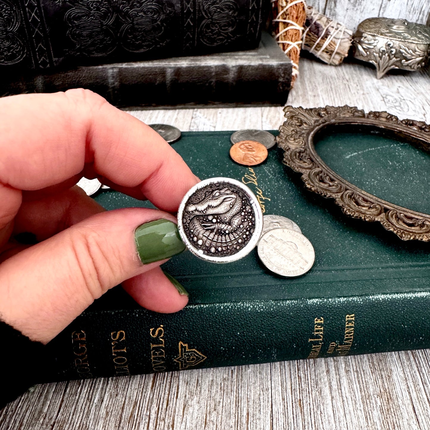 Lucky Penny Club - HOBO Nickel Alligator Coin Ring Fine Silver Size 7.5 / One of a Kind
