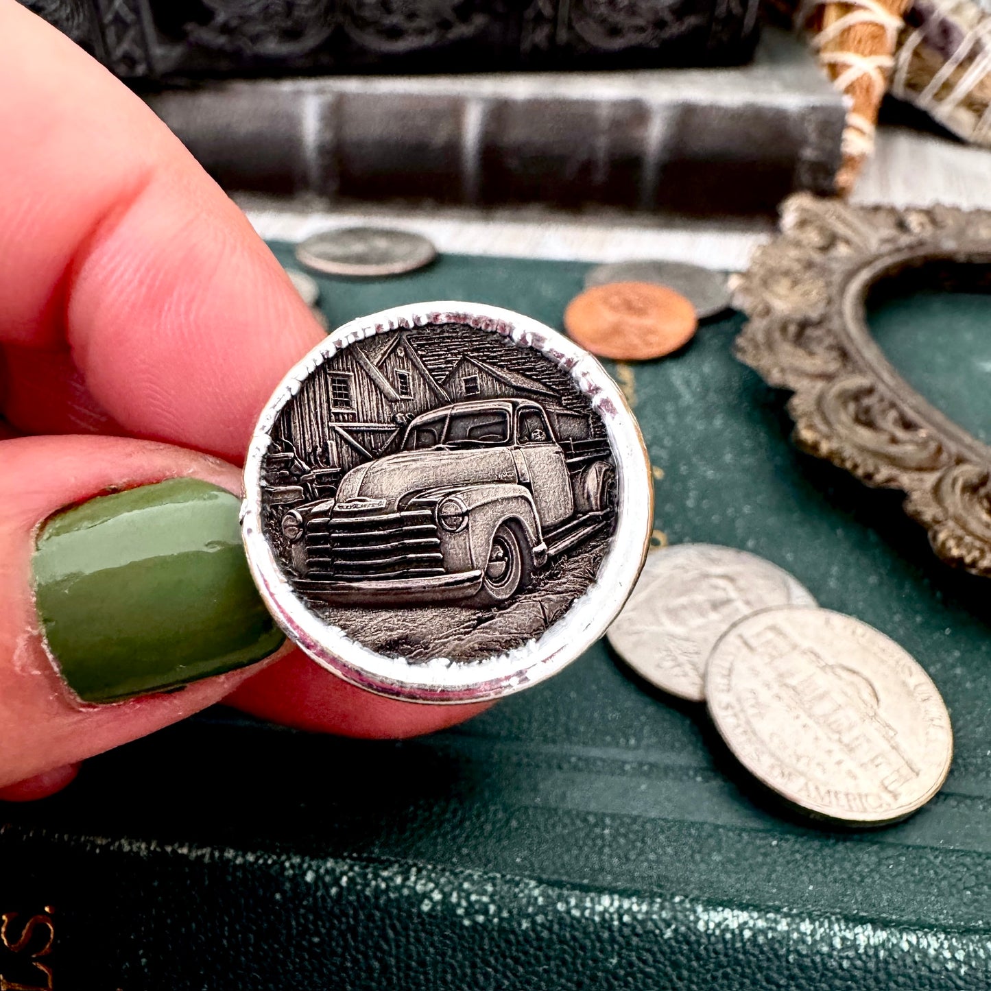 Lucky Penny Club - HOBO Nickel Vintage Truck Coin Ring Fine Silver Size 11 / One of a Kind