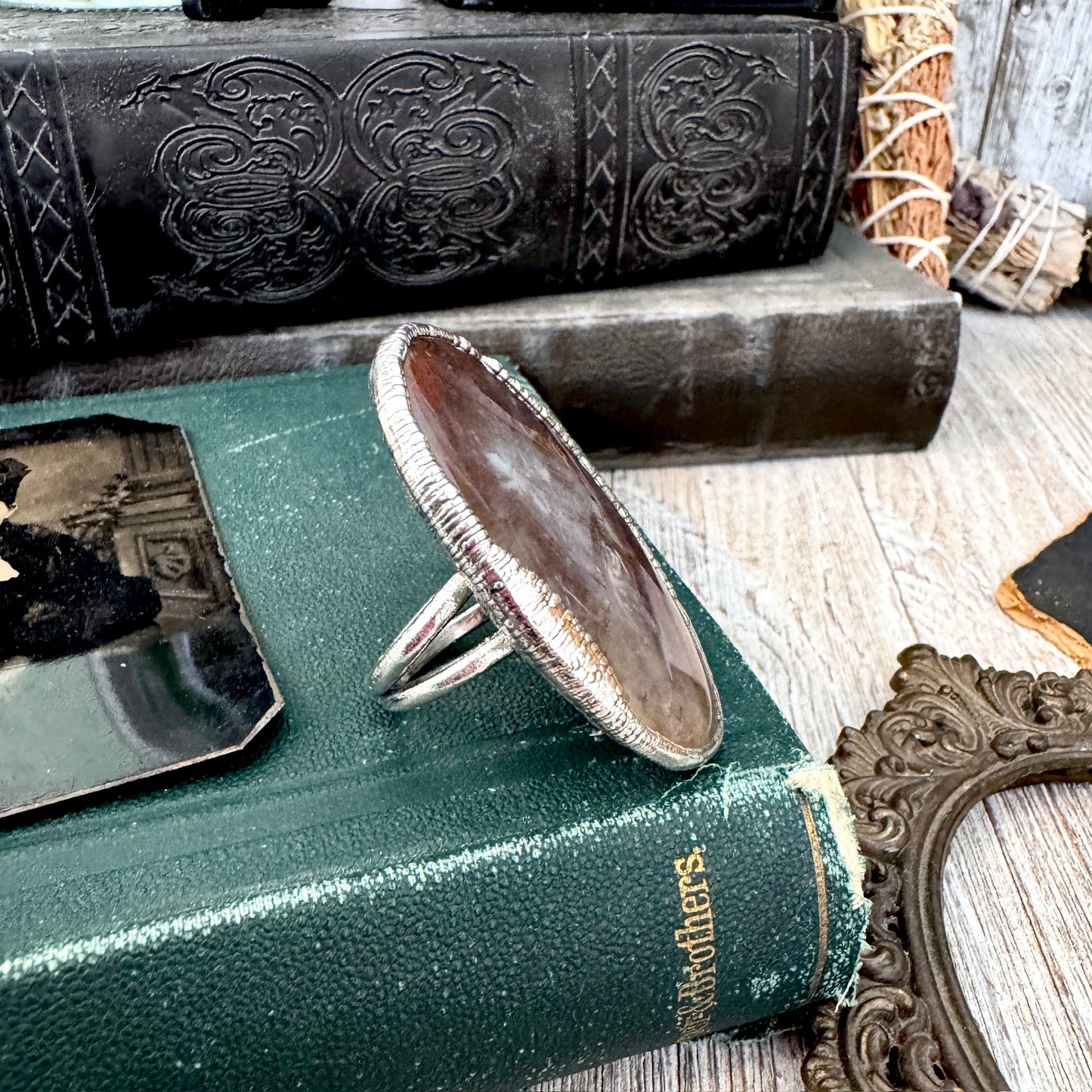 The Colossal Collection - Fancy Moss Agate Crystal Ring Set in Fine Silver Size 8.5 / One of a Kind