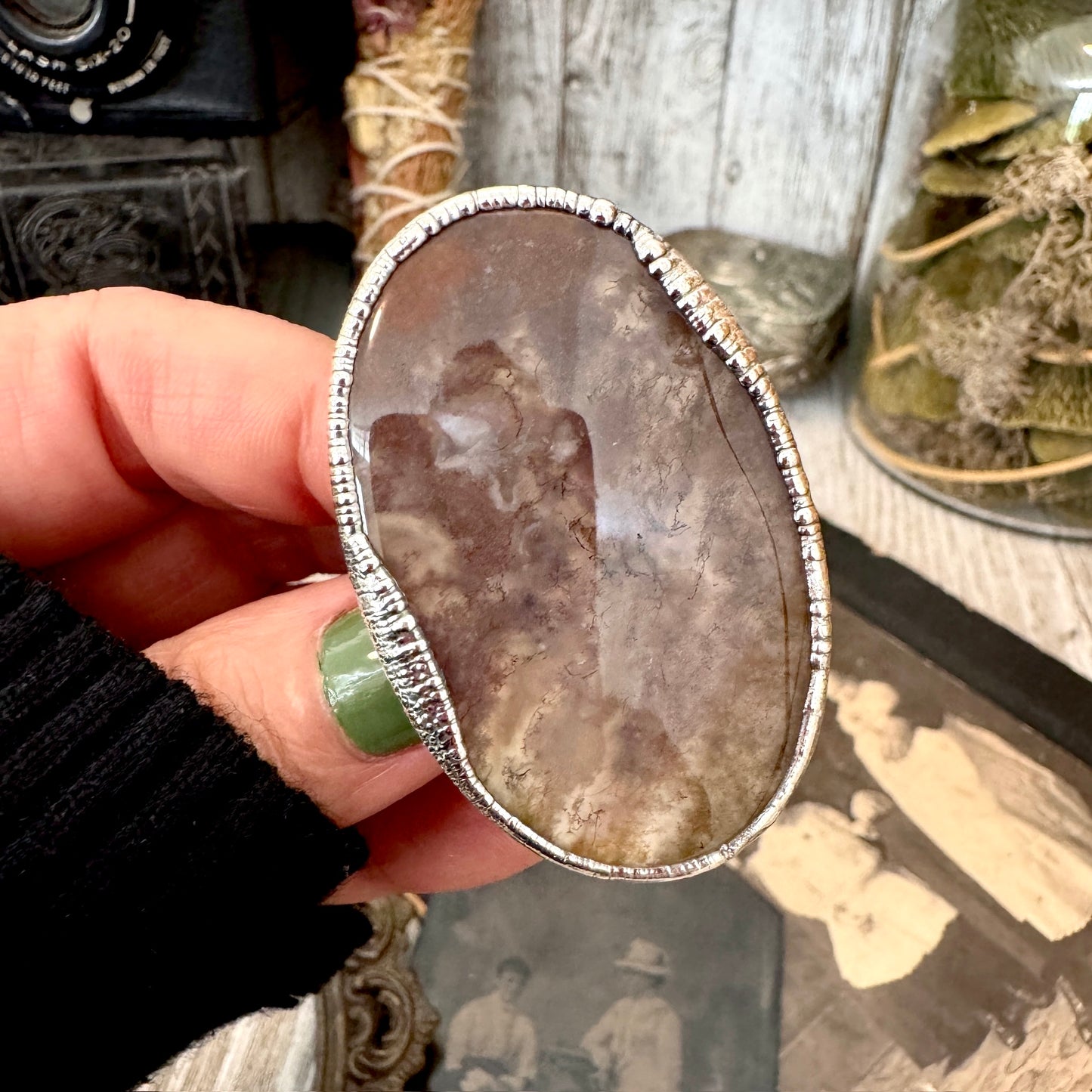 The Colossal Collection - Fancy Moss Agate Crystal Ring Set in Fine Silver Size 8.5 / One of a Kind