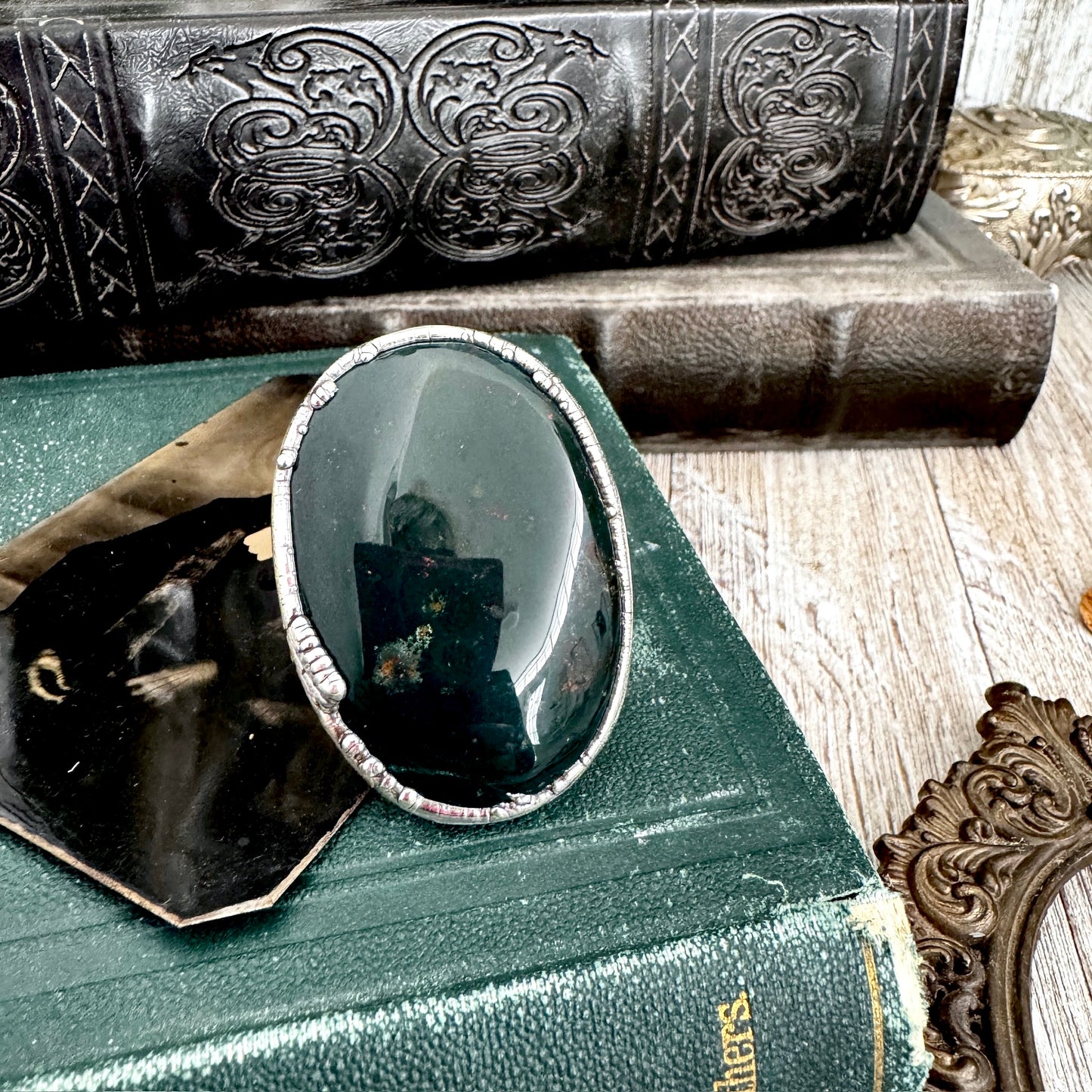 The Colossal Collection - Bloodstone Crystal Statement Ring Size 11 Fine Silver / Foxlark Collection