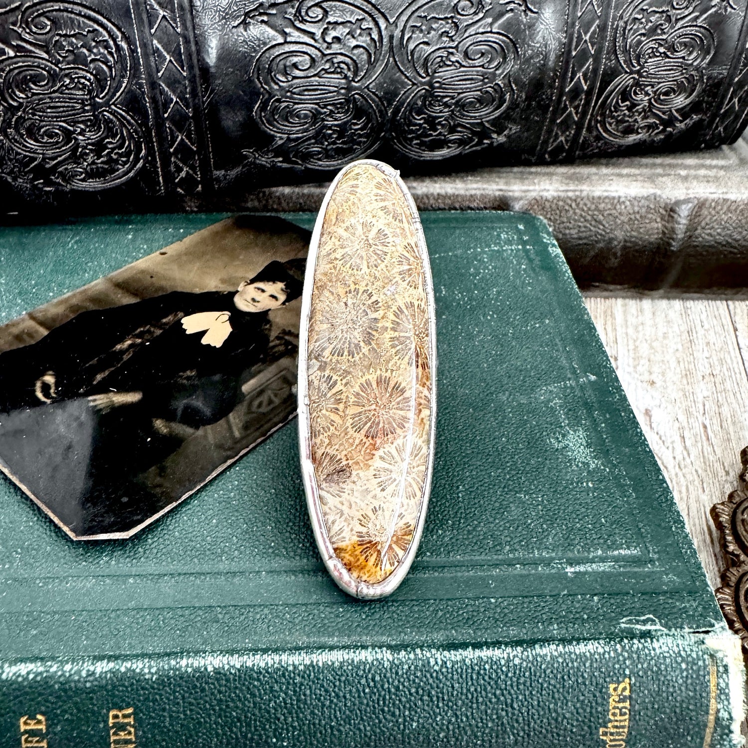The Colossal Collection - Fossilized Coral Crystal Ring Fine Silver Size 10 / Foxlark Collection - One of a Kind FOXLARK