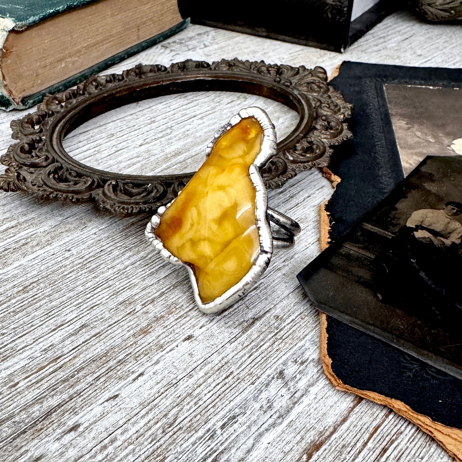 The Colossal Collection - Raw Baltic Amber Crystal Ring Fine Silver Size 10 / Foxlark Collection - One of a Kind FOXLARK