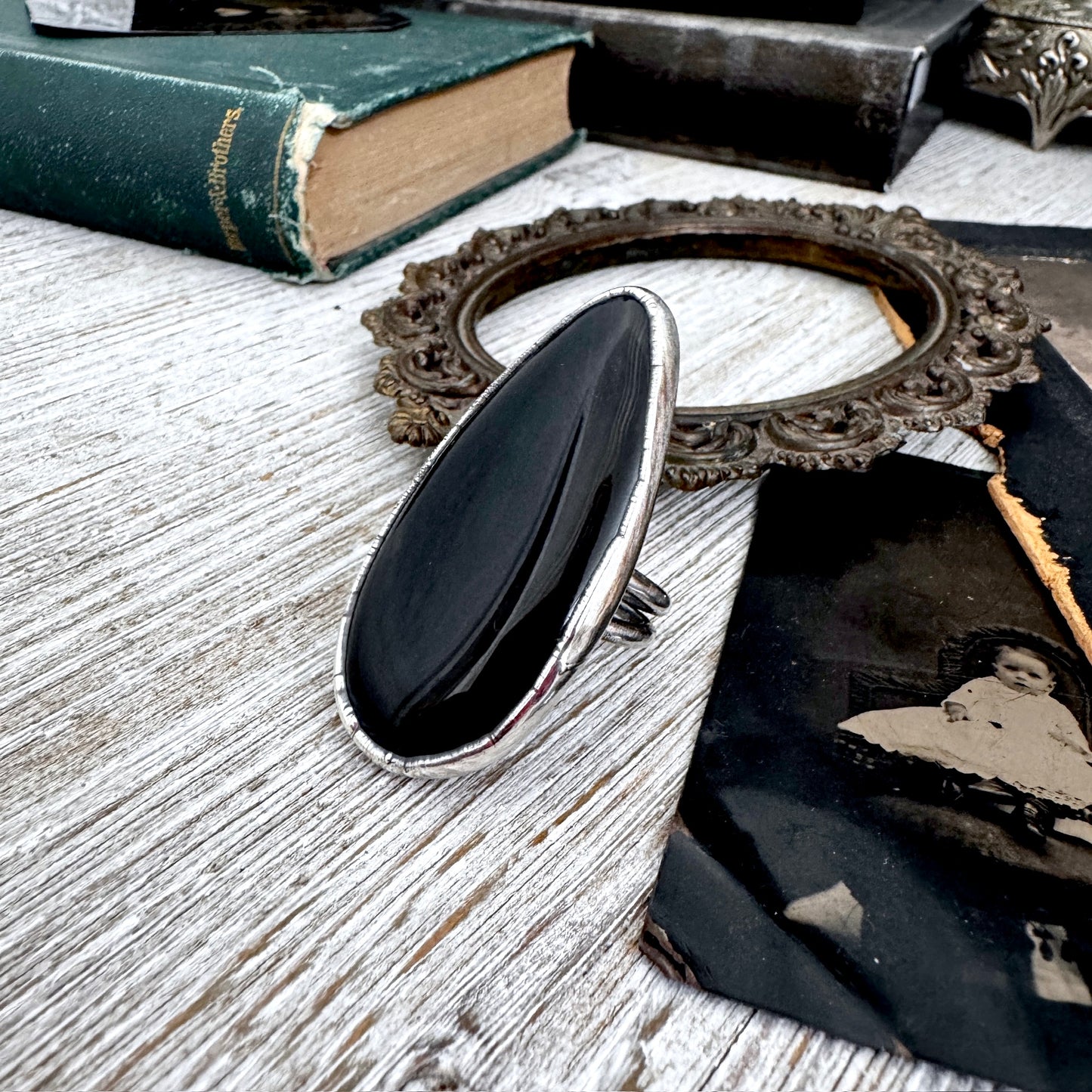 The Colossal Collection - Black Agate Crystal Ring Fine Silver Size 9 / Foxlark Collection - One of a Kind