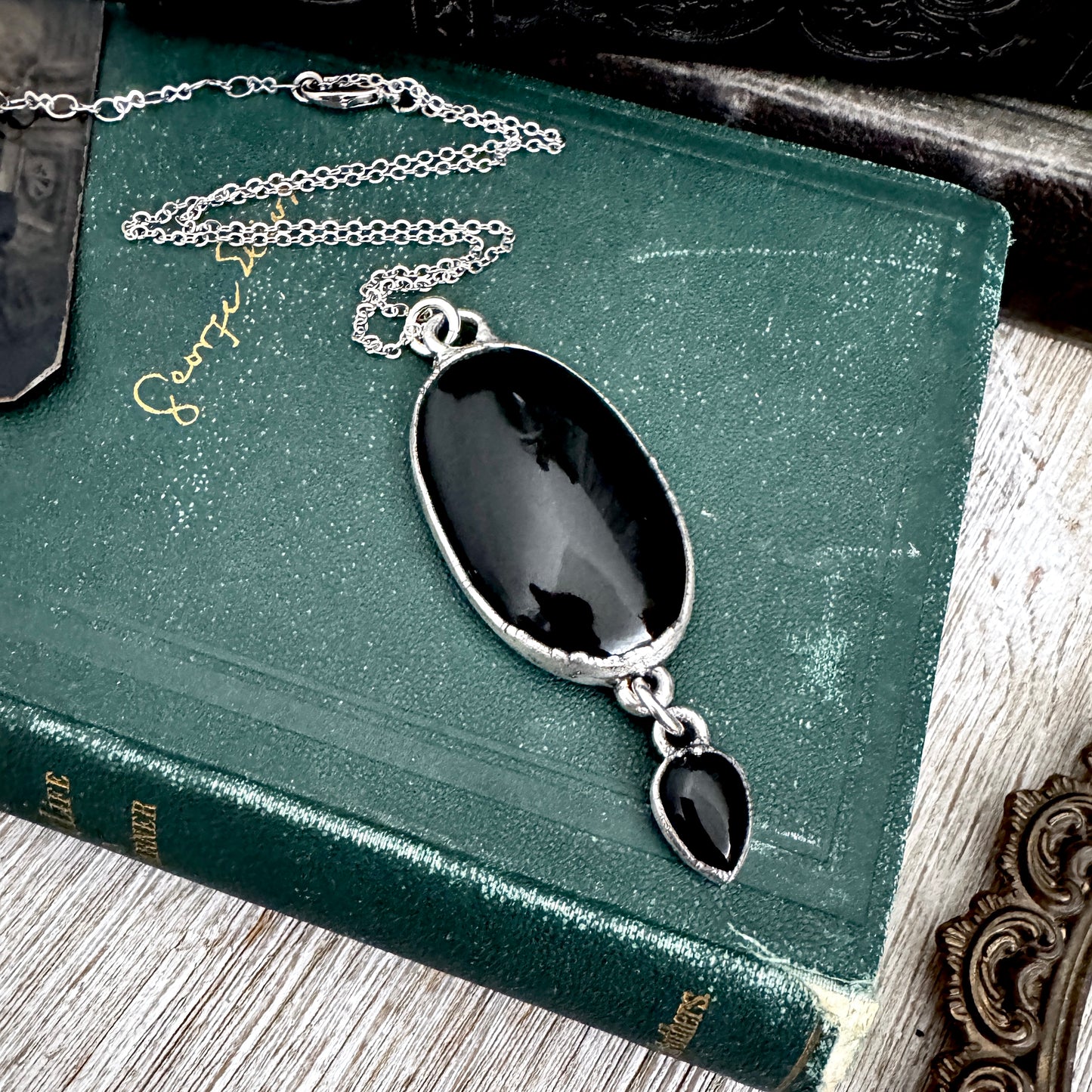 The Colossal Collection - Black Obsidian and Black Onyx Dangly Crystal Necklace in Fine Silver / One of a Kind
