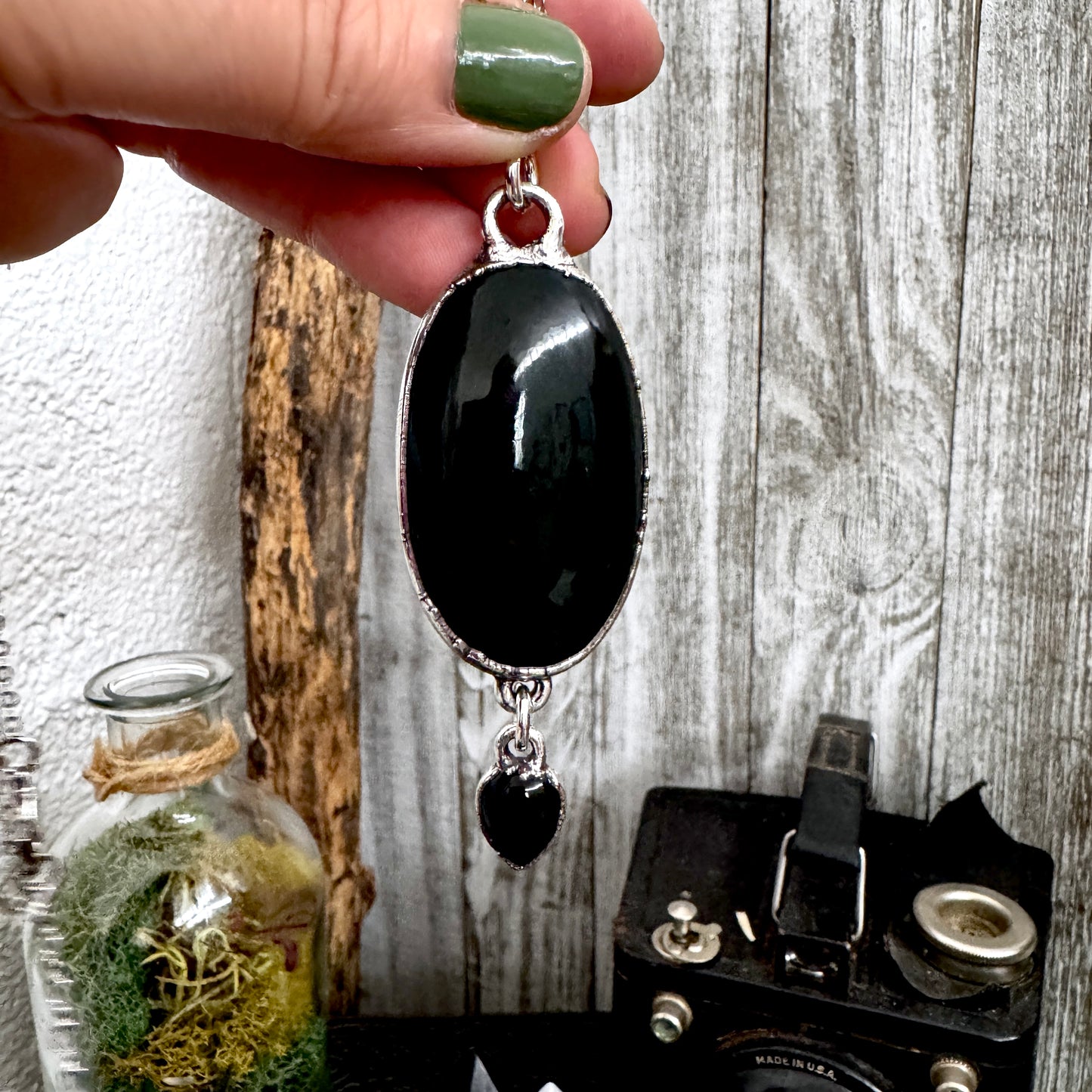 The Colossal Collection - Black Obsidian and Black Onyx Dangly Crystal Necklace in Fine Silver / One of a Kind