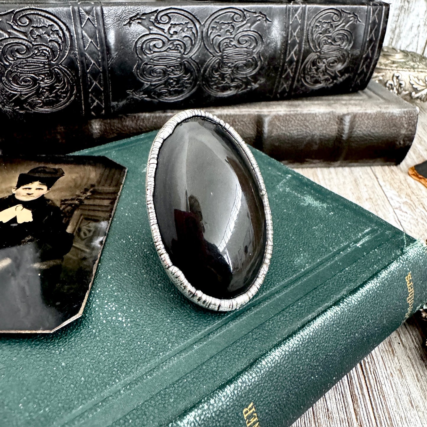 The Colossal Collection - Black/Rainbow Obsidian Crystal Ring Fine Silver Size 10 / One of a Kind