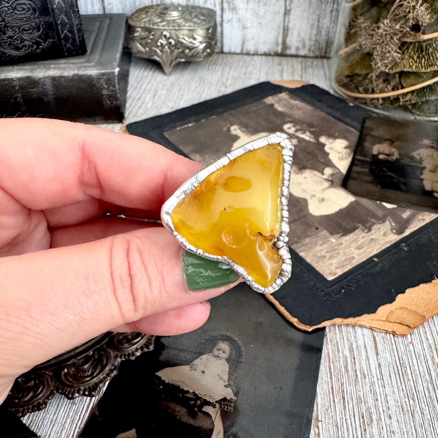 The Colossal Collection - Raw Baltic Amber Crystal Ring Fine Silver Size 8 / One of a Kind