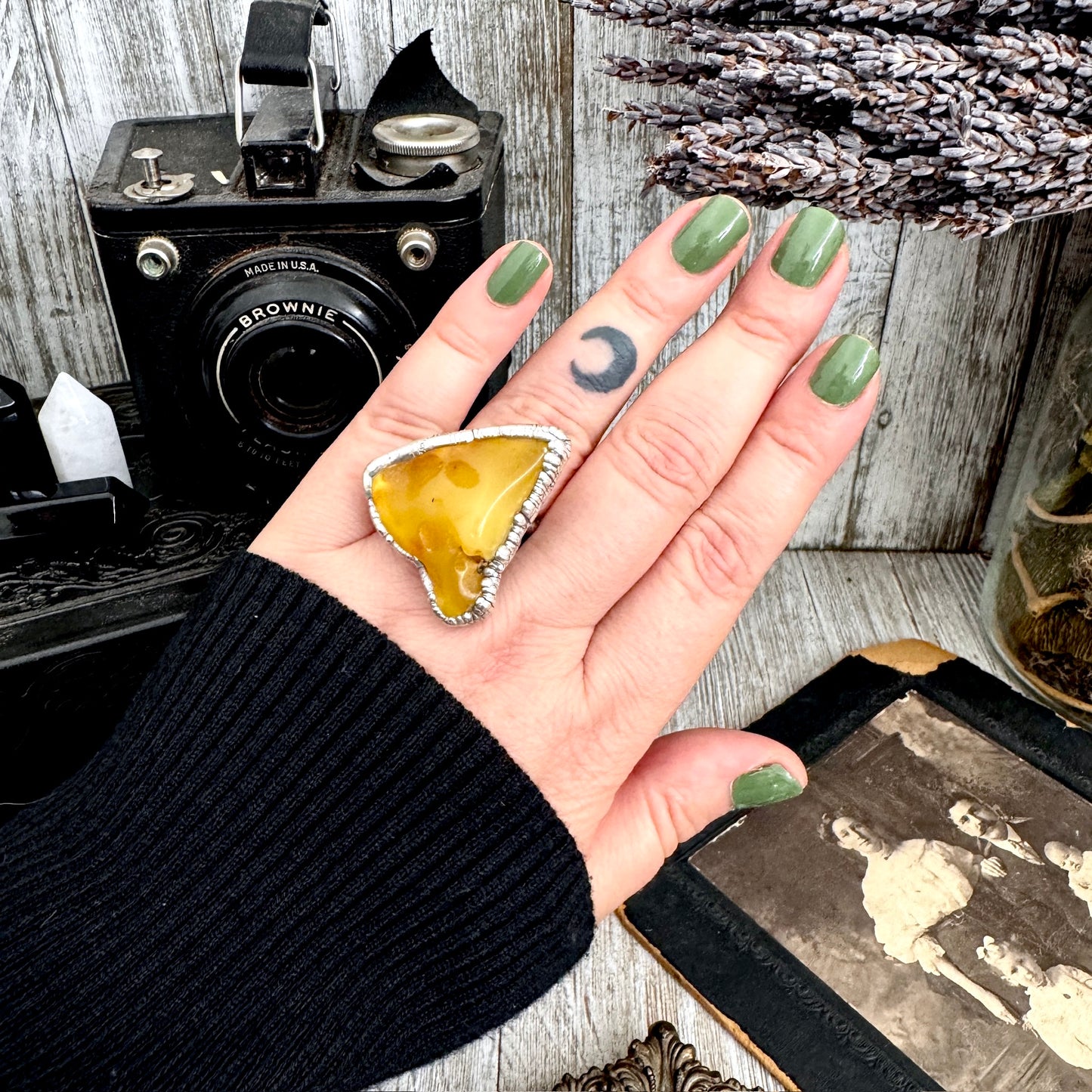 The Colossal Collection - Raw Baltic Amber Crystal Ring Fine Silver Size 8 / One of a Kind