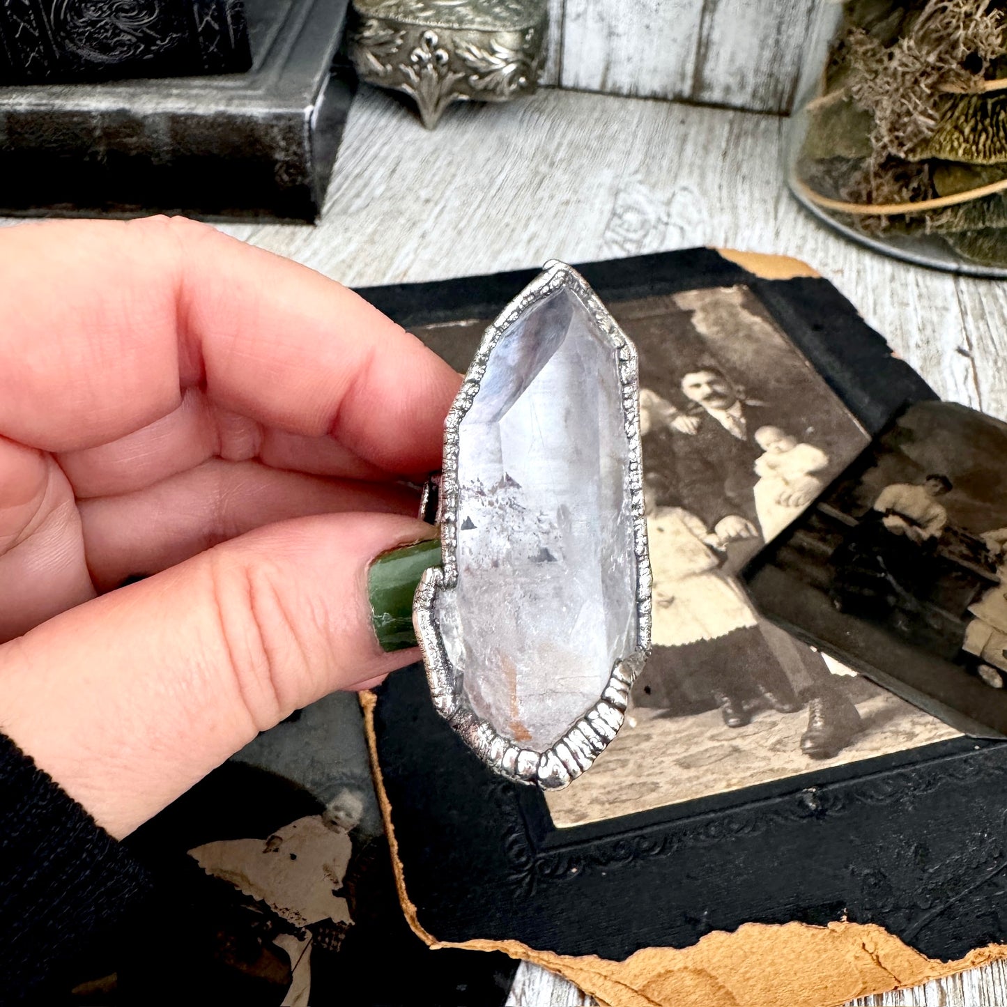 The Colossal Collection - Aqua Aura Quartz Crystal Ring Set in Fine Silver Size 8.5 / One of a Kind FOXLARK