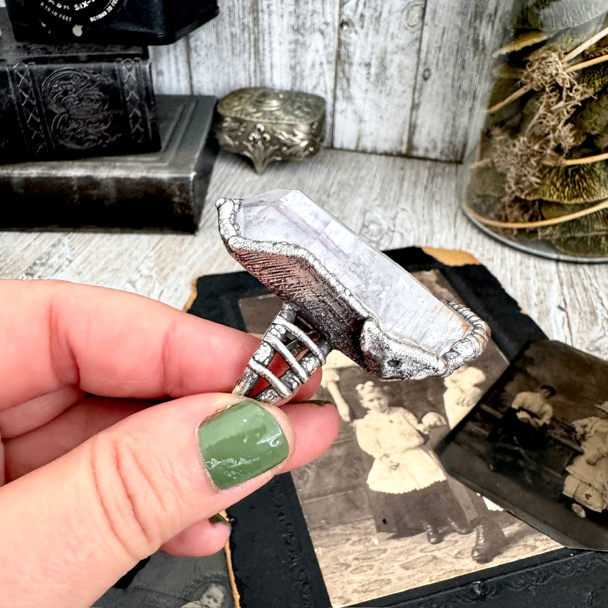 The Colossal Collection - Aqua Aura Quartz Crystal Ring Set in Fine Silver Size 8.5 / One of a Kind FOXLARK
