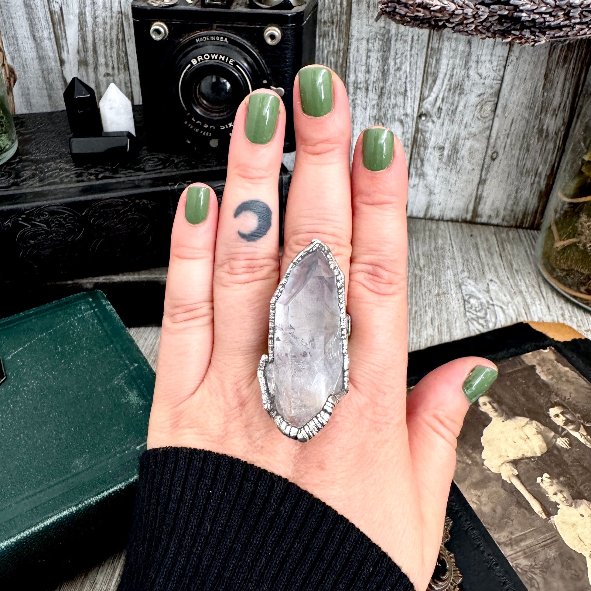The Colossal Collection - Aqua Aura Quartz Crystal Ring Set in Fine Silver Size 8.5 / One of a Kind FOXLARK