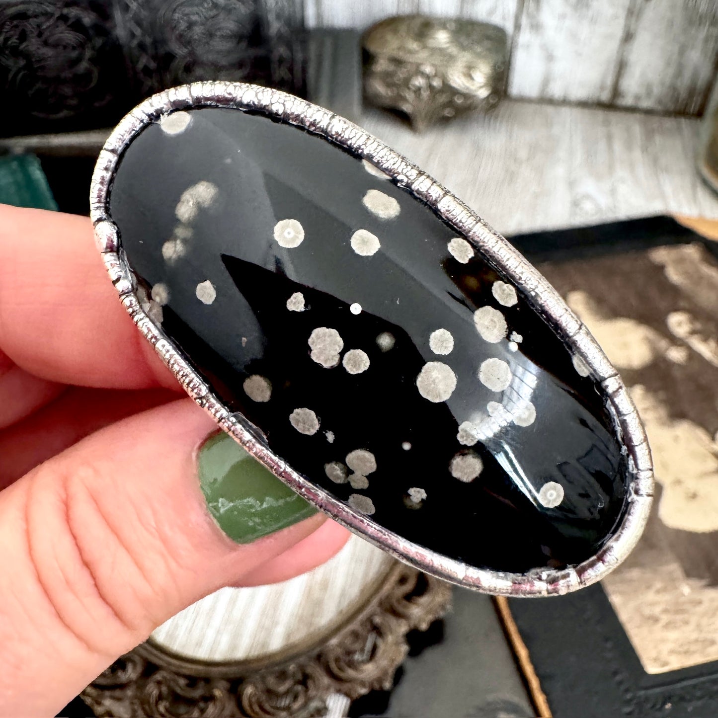 The Colossal Collection - Galaxy Obsidian Ring Set in Fine Silver Size 8.5 / One of a Kind