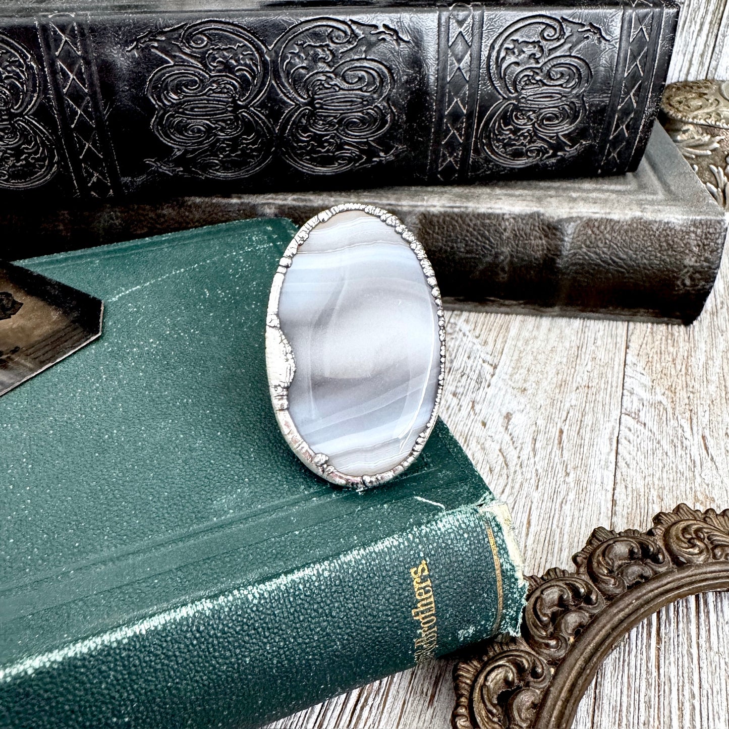 The Colossal Collection - Blue Banded Agate Crystal Ring Set in Fine Silver Size 11 / One of a Kind