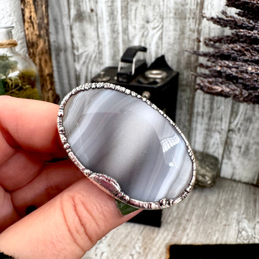 The Colossal Collection - Blue Banded Agate Crystal Ring Set in Fine Silver Size 11 / One of a Kind