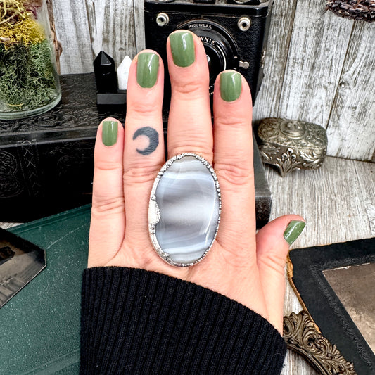 The Colossal Collection - Blue Banded Agate Crystal Ring Set in Fine Silver Size 11 / One of a Kind