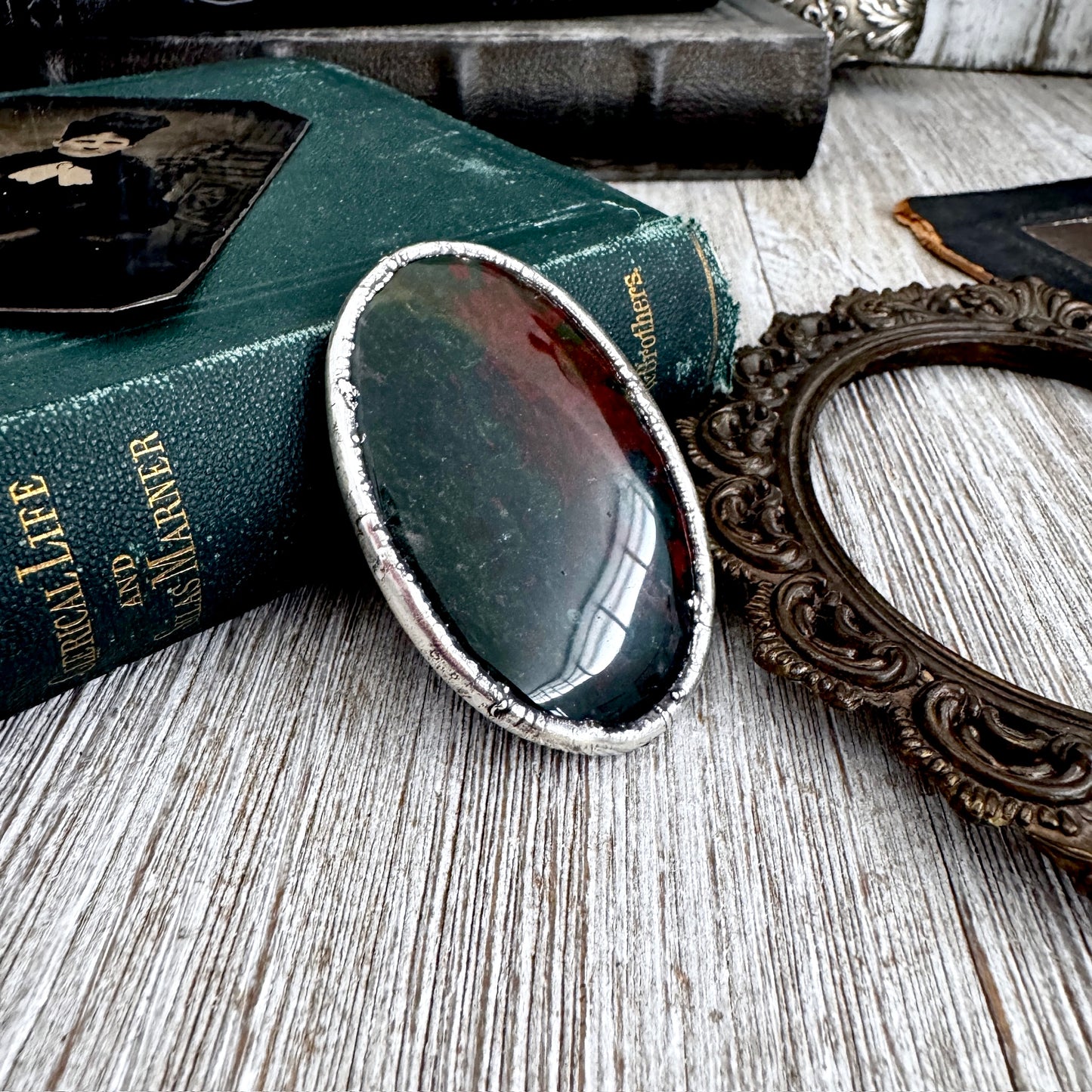 The Colossal Collection - Bloodstone Crystal Statement Ring Size 9 Fine Silver / One Of A Kind