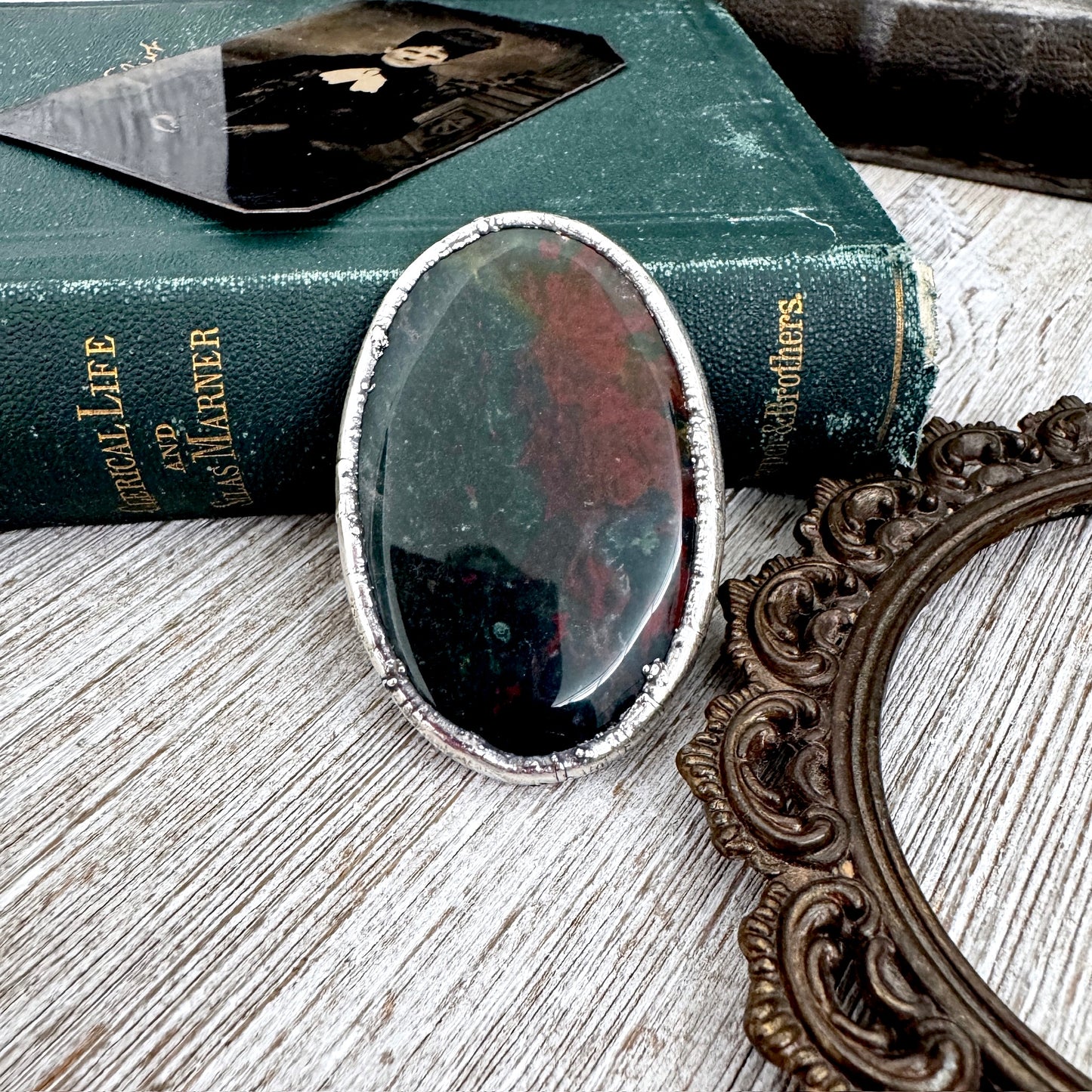 The Colossal Collection - Bloodstone Crystal Statement Ring Size 9 Fine Silver / One Of A Kind