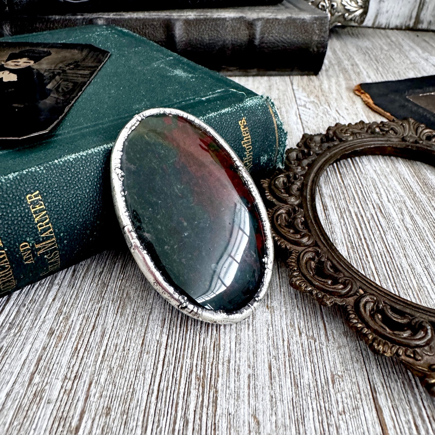 The Colossal Collection - Bloodstone Crystal Statement Ring Size 9 Fine Silver / One Of A Kind