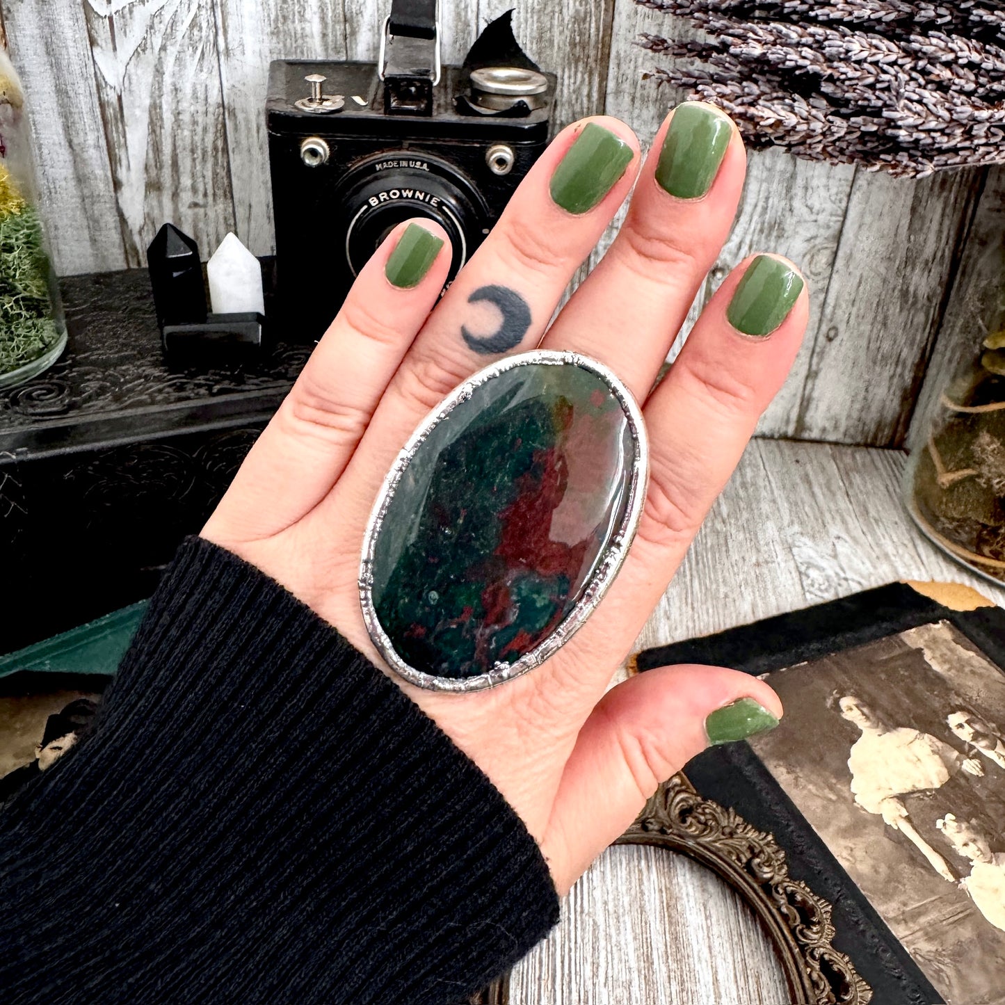 The Colossal Collection - Bloodstone Crystal Statement Ring Size 9 Fine Silver / One Of A Kind