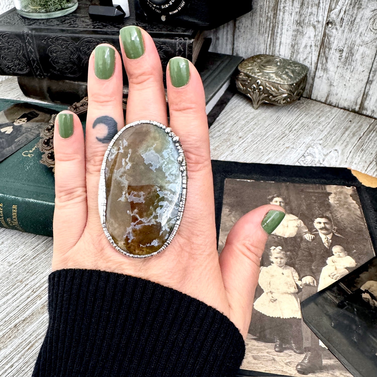 The Colossal Collection - Fancy Moss Agate Crystal Ring Fine Silver Size 9 / Foxlark Collection - One of a Kind FOXLARK